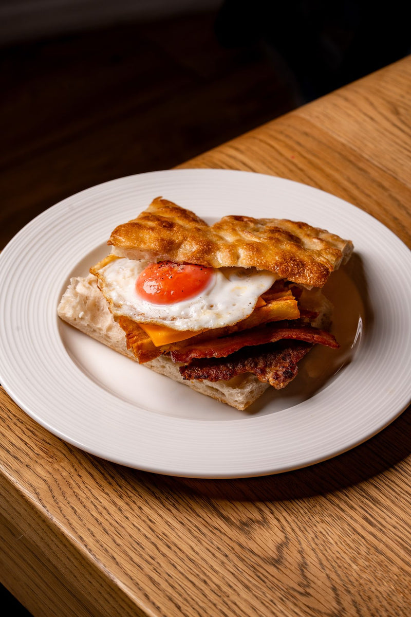 Breakfast schiacciata with fried egg and chips at The Focacceria Belfast, Upstairs @ House Proud Furniture